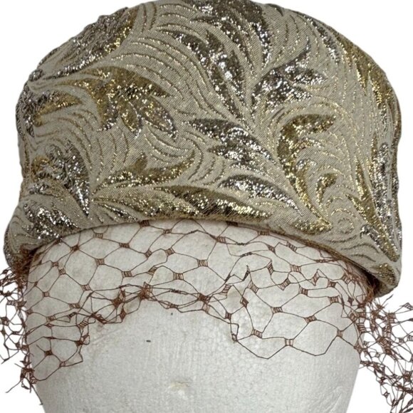 Unbranded Accessories - Sequin Pillbox Hat Vintage Gold Brocade Cocktail Netting Union Tag UHCMW Label